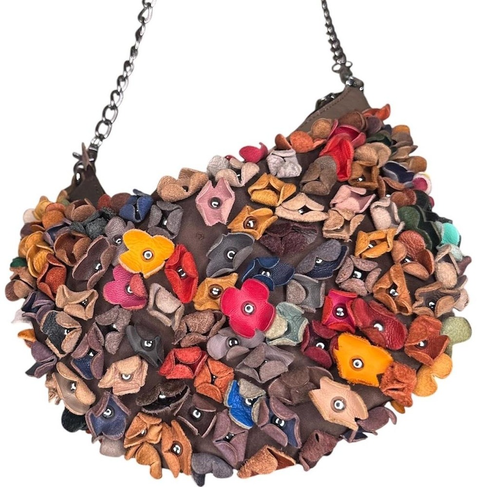 Genuine Leather Flower Cut Out Studded Chain Purse